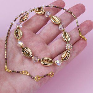 Gold puka shell choker necklace, sea shell seed bead choker